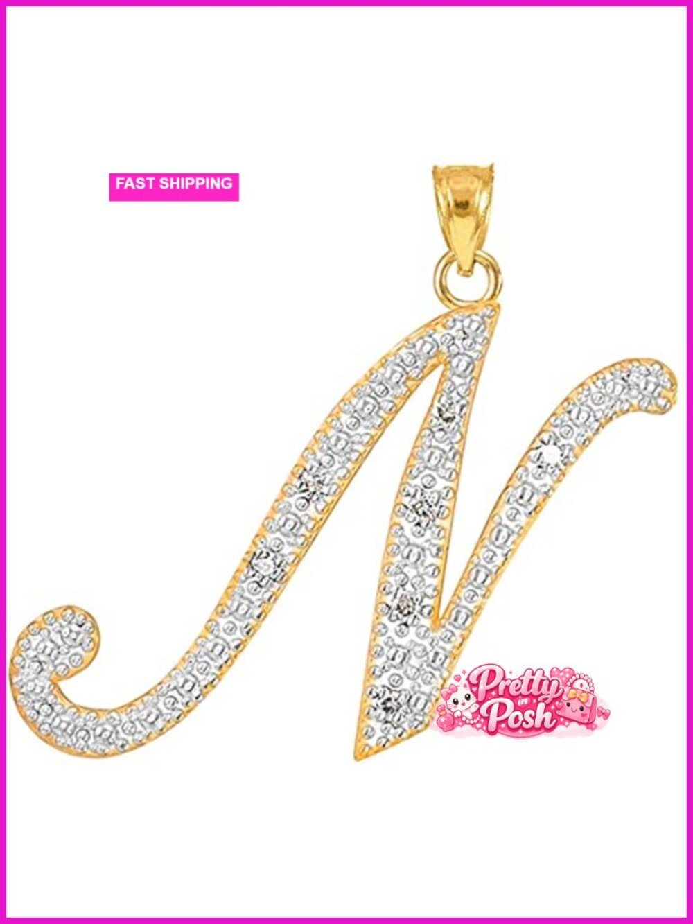 14K Solid Gold Diamond Accented Dangling Cursive Initial Pendant Charm 3/4"